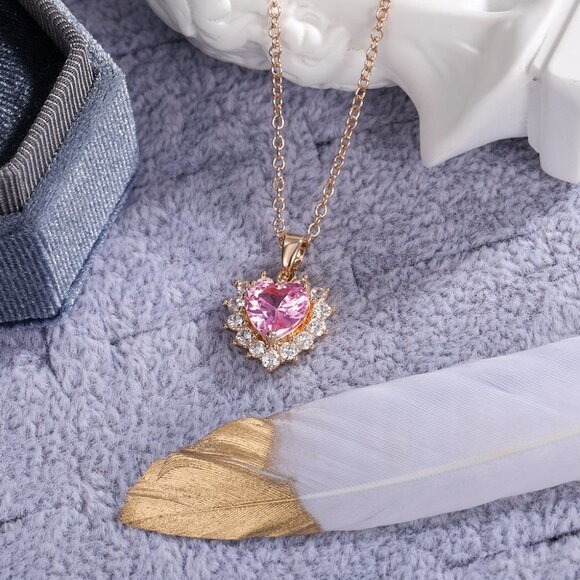 🔥 Pink Diamond Heart Flower Rose Gold Plated CZ Heart Necklace, EVGG1106 - Picture 5 of 6